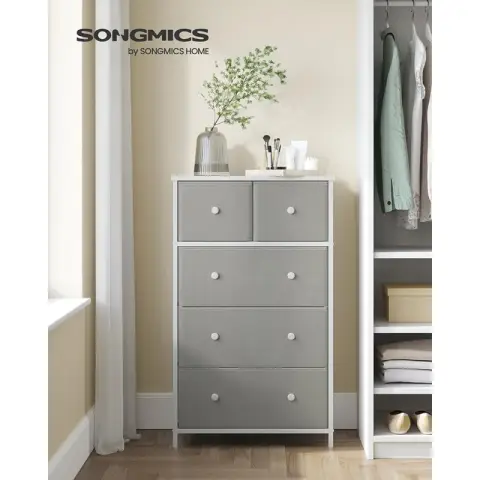 SONGMICS Chest of Drawers - Fabric 5-Drawer Storage Organiser Unit - Light Grey and White 5 Drawers-grey