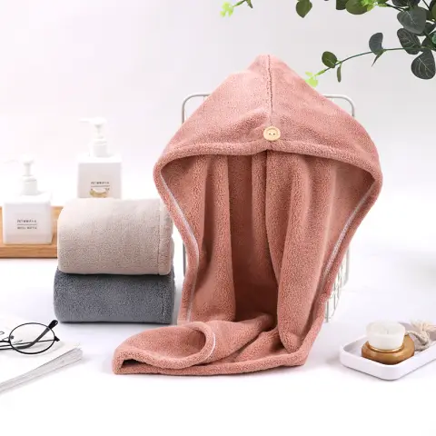Tuqiang Lot de 3 bonnets de séchage de cheveux en polaire corail, serviette de bain antibactérienne à séchage rapide, bonnet de douche épais et absorbant, turban d'essuyage unisexe 25 x 65 cm, rose + gris + marron clair