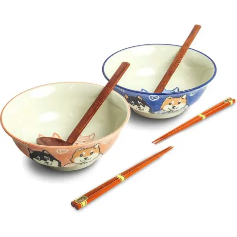 Ramen Bowl Set - 2 Bowls + 2 Spoons + 2 Pairs of Chopsticks - Ø21 x H8 cm - Dog Shape