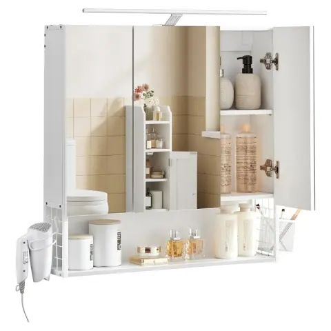 VASAGLE Badkamer Spiegelschrank met Verlichting 3 Deuren Modern Wit 70x70x14.5cm