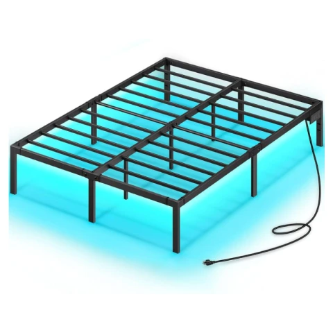 Rolanstar 160x200 cm iron bed frame with LED lights and power strips for charging functions 160 cm×200 cm