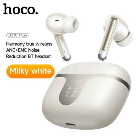 HOCO EQ10 Plus Harmony true wireless ANC+ENC Noise Reduction BT headset Wireless Earbuds, Bluetooth 5.3 Headphones, New Bluetooth Earbuds, 30H Playtime LED Display Wireless Earphones milky white