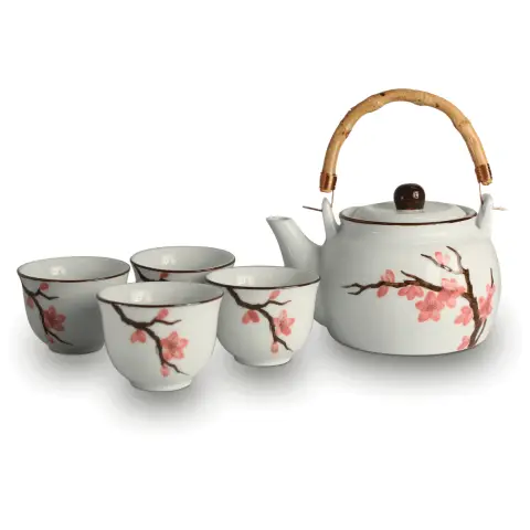 Japanisches Edo-Teeservice – Kirschblütenmuster (1 Teekanne + 4 Teetassen) 800 ml