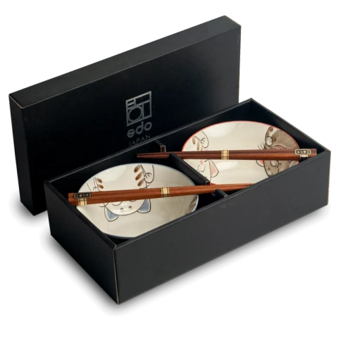 Ramen-Schüssel-Geschenkset - 2 Schüsseln + 2 Paar Essstäbchen - Ø15 x H7 cm - Katzenform
