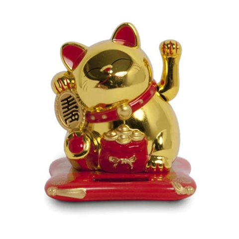 Zonne-energie geluks kat H10.5cm, tafel & auto decoratie Gouden Klassieker