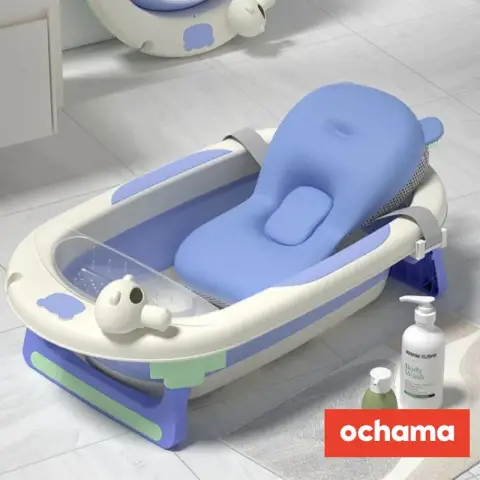 Ochama Collapsible Baby Bathtub Set - Large Bath Tub for Infants to Toddlers, with Cushion and Bath Net, Glacier Blue