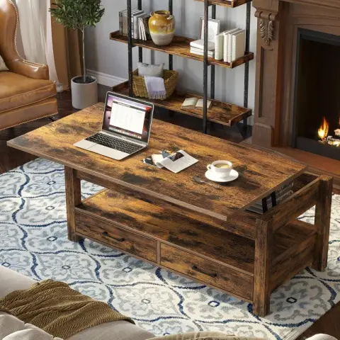 Rolanstar Double-drawer pneumatic lift coffee table, vintage color, 100 cm