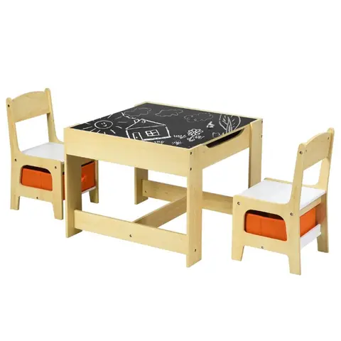 COSTWAY 3-en-1 table enfant + 2 chaises en bois