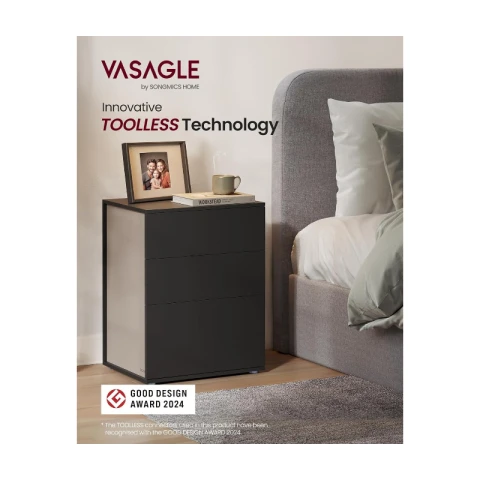VASAGLE Bedside Table, Super Fast and Tool-Free Assembly, Side Table with 3 Drawers, Modern Minimalist Bedside Table, Bedroom, Living Room, Ink Black/Cappuccino Beige