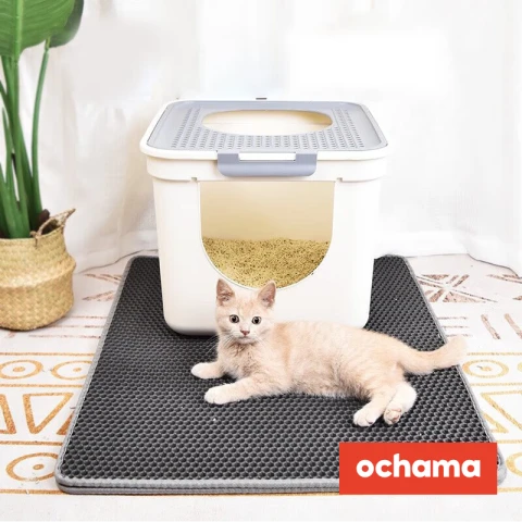 Tapis de litière pour chat EVA – Filtre double couche, lavable, gris, 60 x 45 cm