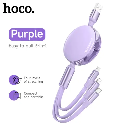 HOCO 3-in-1 Retractable Charging Cable - USB-A to Lightning/ USB-C/ Micro-USB - 1M - Purple