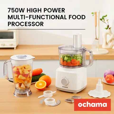 ochama Multi-Functional High Power Food Processor & Blender, for Chopping, Slicing, Grating and Pureeing, 1.8L Bowl, 750W