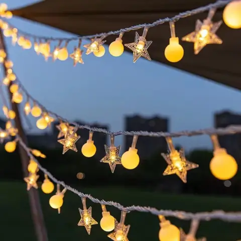 LED Light String Holiday Solar Powered Party Patio Waterproof 7 M 50 Light Warm Color Star Round Bea Star + Beads
