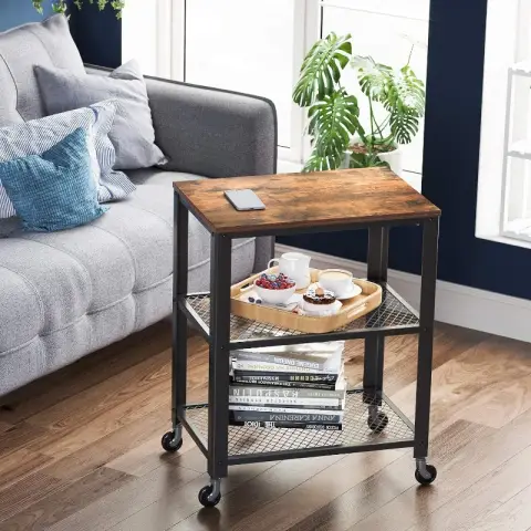 VASAGLE Vintage 3-Tier Rolling Serving Trolley, Rustic Storage Shelf with Wheels for Kitchen & Living Room