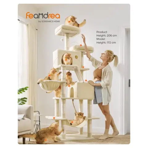 FEANDREA Grote Krabpaal met 13 Posts 2 Plateaus 2 Holen Hangmat Veelzijdig Beige 206cm