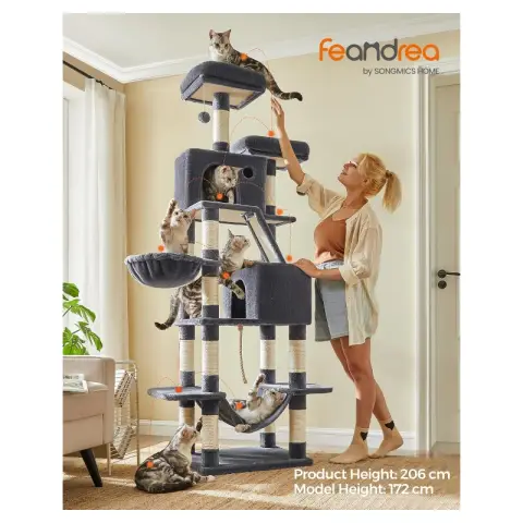 FEANDREA 206cm Kattenboom 13 Krabpalen 2 Plateaus 2 Holen Mand Hangmat Pompons Rookgrijs