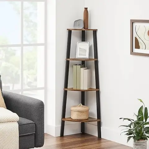 VASAGLE Corner Shelf Bookcase 4 Tier Ladder Shelf Industrial Style Steel Frame Rustic Brown Black