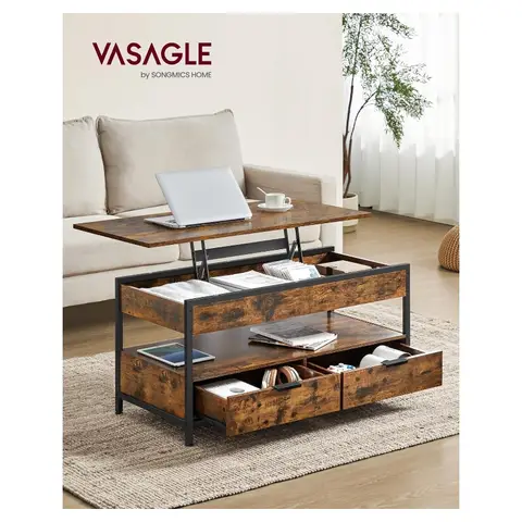 VASAGLE Hochfahrbarer Couchtisch mit Schubladen Versteckte Fächer Offenem Regal Rustikal Braun