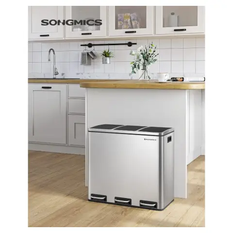 SONGMICS 3-Compartment Recycling Bin 18Lx3 with Lid Pedal Inner Buckets 15 Liners Metallic Silver