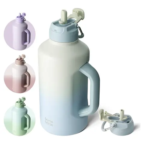 BOTTLE BOTTLE Gourde de sport en acier inoxydable avec double couvercle et paille, gris-bleu, 600ml