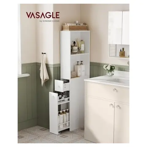 VASAGLE Tall Bathroom Cabinet Slim Freestanding Narrow Storage Drawers Adjustable Shelf Modern White