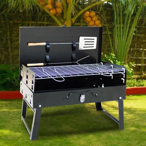 Huacan Tragbarer Tisch-Grill (BBQ) – faltbar, für Outdoor-Kochen, Frühling, Camping, Picknicks, Strand, schwarz, mit Werkzeugaufbewahrungsbrett