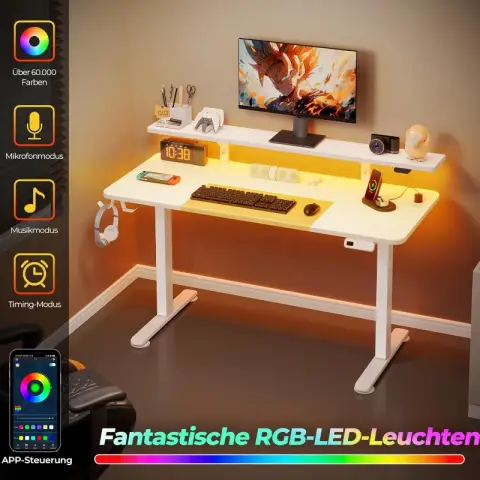 Rolanstar Lighted and powered color-blocking height-adjustable table 140 - matte white Hemp White
