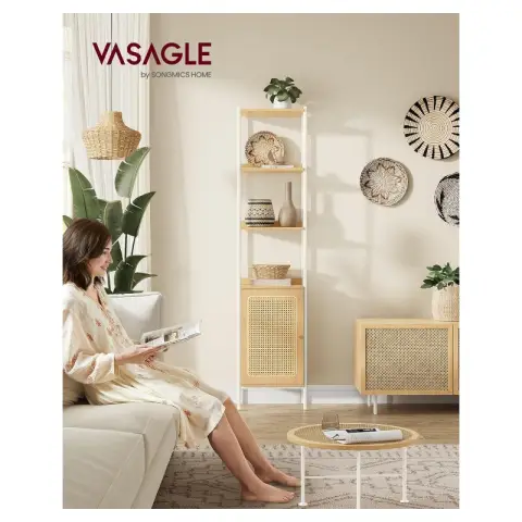 VASAGLE Bookcase 6 Tier Shelving Unit Tall Standing Shelving Unit Rattan Effect Door Boho Style Metal Frame Adjustable Shelf for Living Room Oak Beige Pearl White