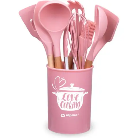 Alpina Kitchen utensils set with Holder Pink Household Spoon Spatula BBQ Clip - 12 Pieces - Silicone Utensils with Wooden Handle Pink