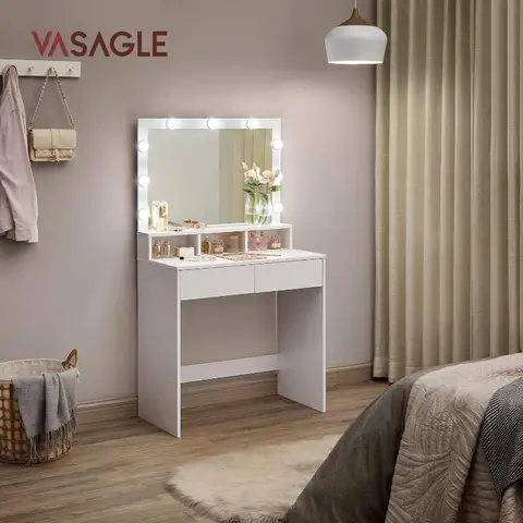 VASAGLE make-uptafel met LED-verlichting en spiegel, instelbare helderheid, 2 lades en 3 open vakken, modieke uitstraling, wit