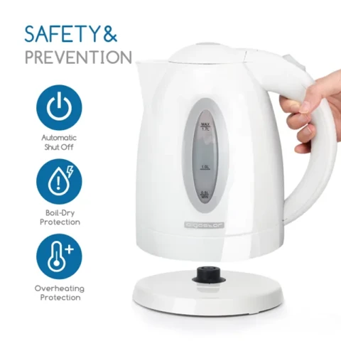 Aigostar Bouilloire électrique en plastique 1,7 L 2200 W Blanc Filtre à mailles amovible Base pivotante à 360 °