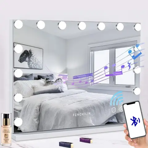 FENCHILIN Hollywood 15 Bulbs Music Mirror - 3 Light Colours - Memory Function - 46 x 58 cm - with Speaker