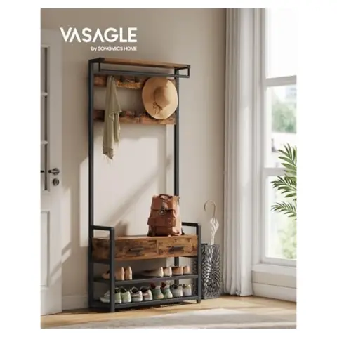VASAGLE Halboom met bank schoenenopberg 2 stoffen lades 10 haken vintage bruin inktzwart