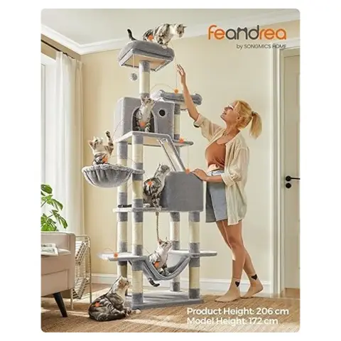FEANDREA Kattenboom 206cm grote toren 13 krabpalen 2 zitjes 2 holen mand hangmat pompons lichtgrijs