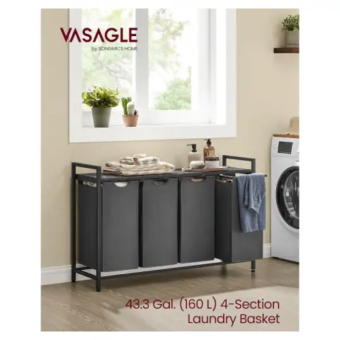 VASAGLE 4-Compartment Laundry Hamper with Removable Bags Metal Frame Clothes Sorter 116x72cm