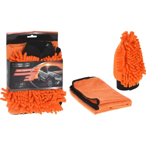 Premium Parts Autoreinigingsset microvezel handschoen en zachte microvezeldoek, oranje, 2 stuks