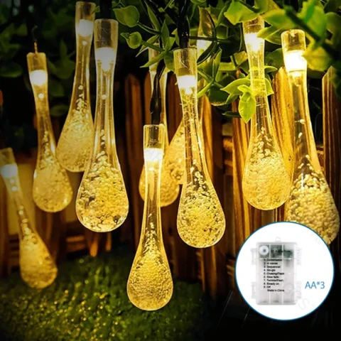 Aigostar Raindrop Shape String Lights Warm White 2.5m 25LED 3AA battery Raindrop Shape 8 Light Modes + Timer + Memory Function
