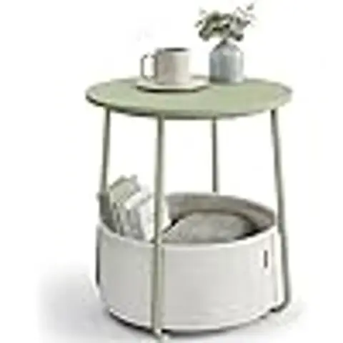 VASAGLE Round Side Table with Fabric Basket Modern Green White