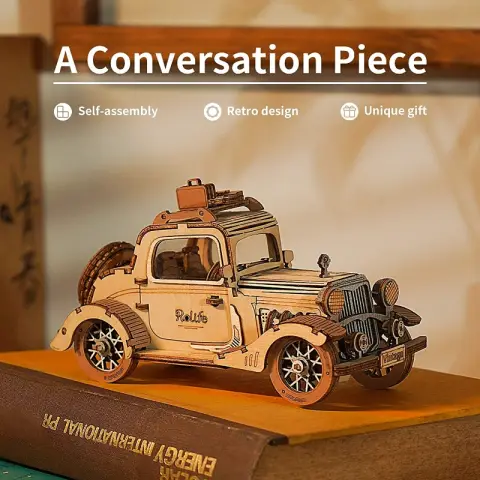 Robotime Rolife Vintage Car 3D Puzzle Wooden Retro Model Kit Collectible Toys Desk Decor for Adults