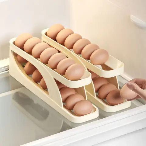 Automatic Slide Rolling Eggs Stand Double Layer Storage Holder For Fridge beige Slide Egg Box