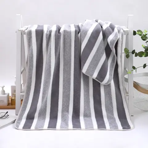 Coral Fleece Stripe Hand Towel Bath Towel Set 35 x 75cm + 70 x 140cm Gray