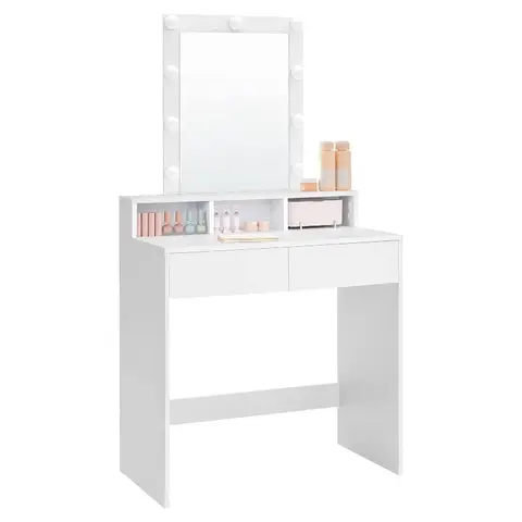 VASAGLE Modern Dressing Table with Mirror & Lights, 2 Drawers & 3 Open Compartments, White