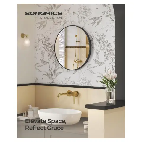 SONGMICS Round Metal Frame Wall Mirror Ink Black Modern Easy to Install 61cm
