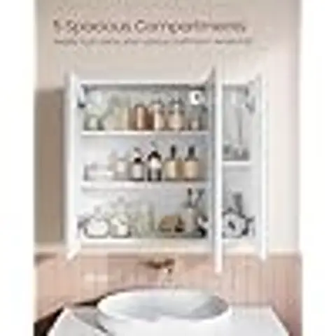 VASAGLE Modern White 3-Door Bathroom Mirror Cabinet with Adjustable Shelf, 60x15x55cm