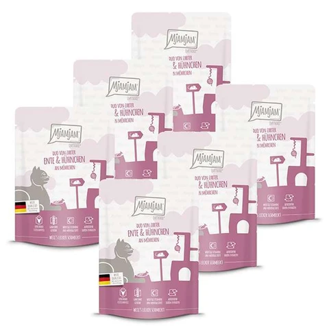 MjAMjAM - Aliment pour chat - Quetschie - Duo de canard tendre et de poulet succulent avec des carottes - 300 g x 6