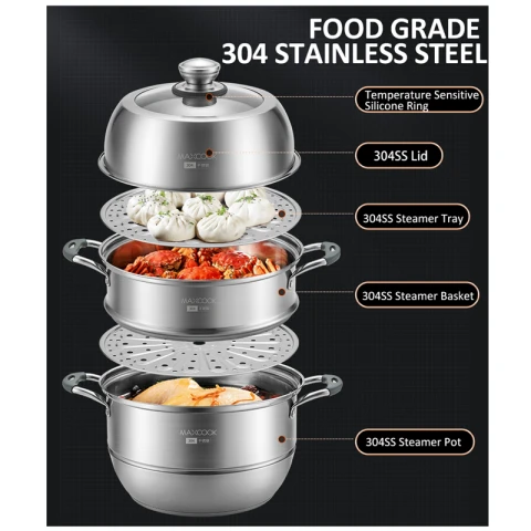 Maxcook 304SS 3-Tier Steamer Pot 30cm (Silicone Handle) MCZ743