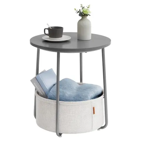 VASAGLE Round Side Table with Fabric Basket Modern Style Living Room Bedroom Bedside Cement Grey Cloud White