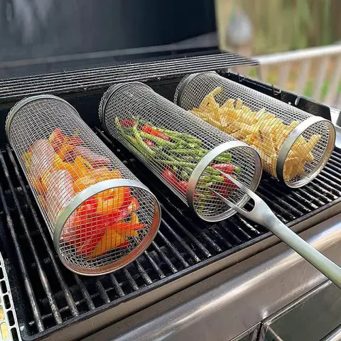 Huacan Stainless Steel Barbecue Cage With Fork Outdoor Cylinder Grill Basket Smoked Mesh Drum silver Rolling Grill