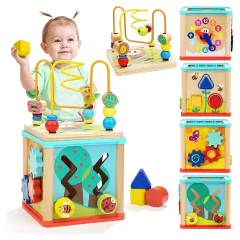 TOP BRIGHT Wooden Shape Sorter Activity Cube Toys for 1 Year Old Baby - 1st Birthday Gifts for Girl and Boy 12 Months Plus
