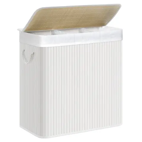 SONGMICS Laundry Basket with Lid Bamboo 3 Compartments Foldable ‎60 x 40 x 61.5cm 150L - LCB091W01 White